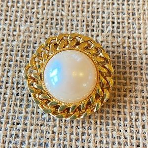 Scarf Clip with white faux pearl center cabochon in shiny goldtone metal 1 inch